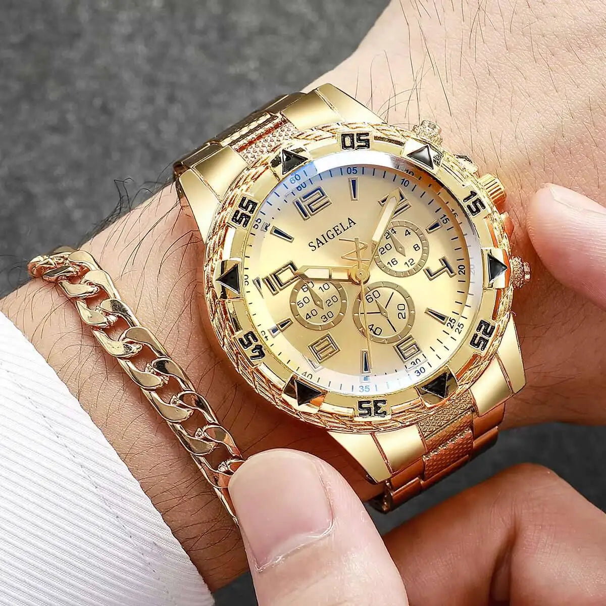 3 pz/set moda quadrante grande orologio al quarzo da uomo orologi da uomo d'affari di lusso collana braccialetto set Reloj Hombre (senza scatola)