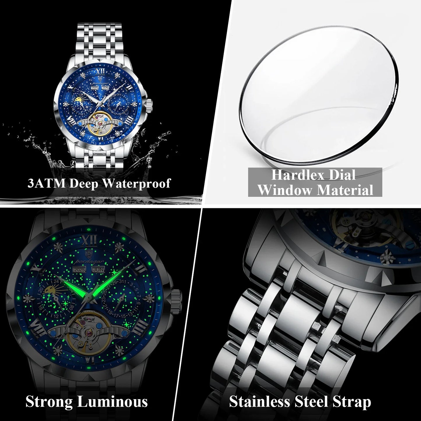 POEDAGAR Top Orologio da uomo originale Orologio meccanico automatico da uomo in acciaio inossidabile Calendario Hollow Tourbillon Orologio da uomo Maschio + scatola