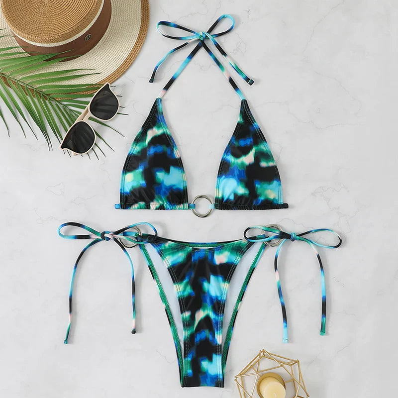 Bikini a triangolo da donna con anello a colore sfumato sexy, costume da bagno 2026, set micro bikini, abbigliamento da spiaggia, biquini