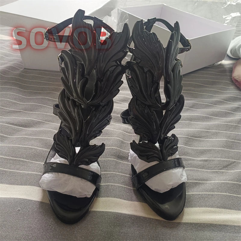 White Elegant Prom Heels Sandals Open Toe Leaf Wing Caged Sandals Chic Party Event Stiletto Shoes Stylish Party Footwear