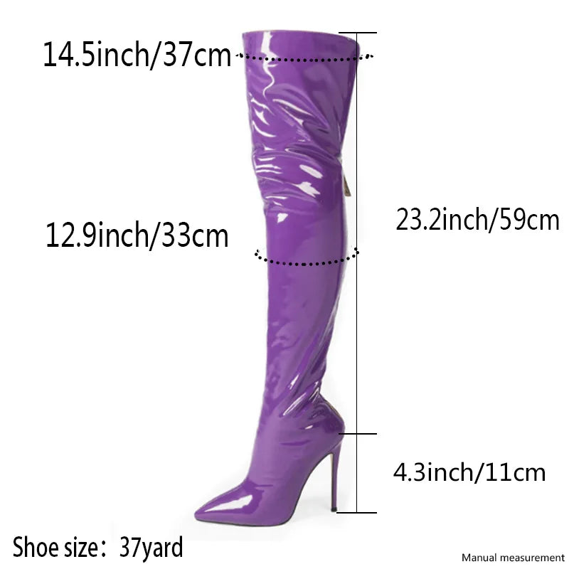 New Sexy Fashion Patent Leather Women Over Knee Boots Black White Long Boots Ladies Pointed Toe Classic High Heels Shoes Large