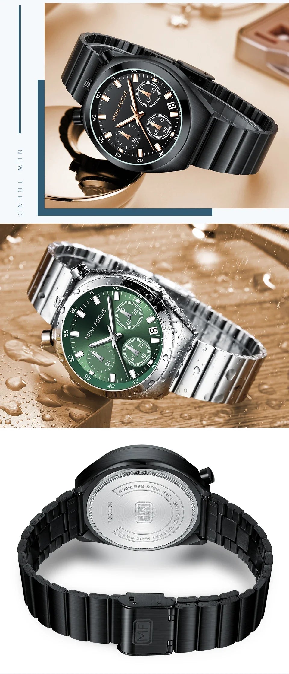 MINI FOCUS Orologio al quarzo verde argento per donna Orologio da polso cronografo con cinturino in acciaio inossidabile moda con lancette luminose Data 0491