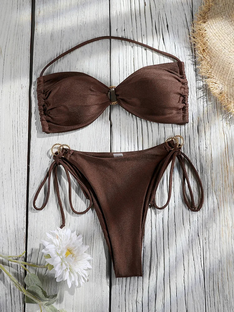 Set Bikini a Fascia da Donna con Pieghe, Costume da Bagno Sexy con Laccetti, Bikini Brasiliano con Bendaggio, Abbigliamento da Spiaggia