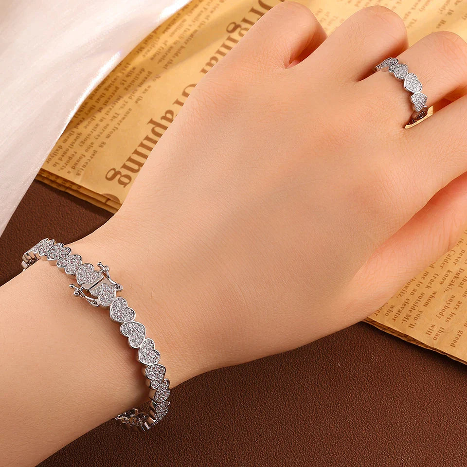 Set di Bracciale e Anello ZAKOL Hip Hop con Charm a Cuore in Zirconia Cubica per Uomo e Donna, Regalo di San Valentino per Coppie