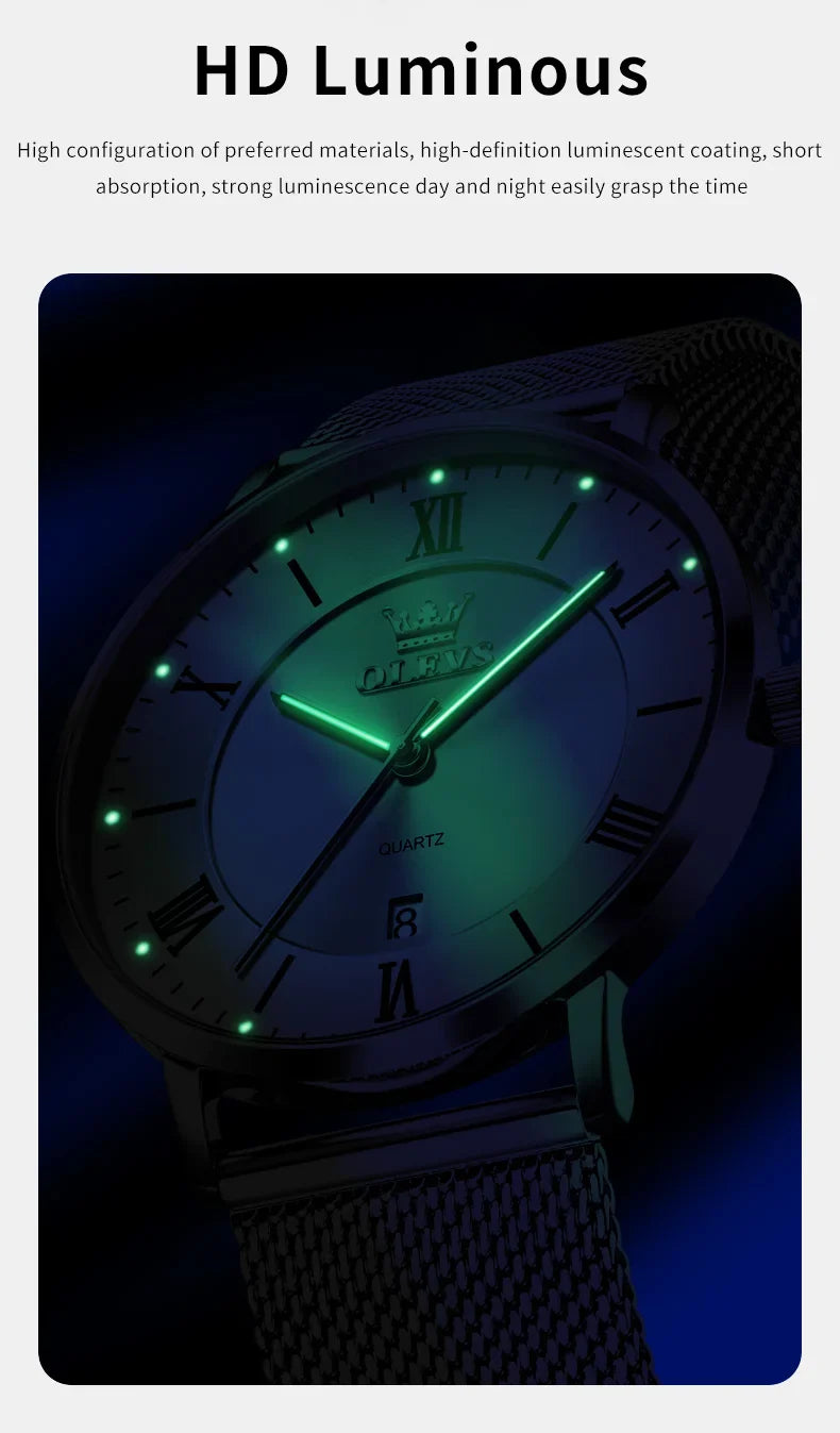 OLEVS 5623 Orologio al quarzo da uomo con quadrante minimalista con numeri romani, cinturino in maglia milanese, lancette luminose, datario, resistente all'acqua fino a 30 m