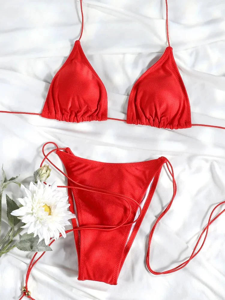 Set Bikini Triangolo Sexy Micro Thong, Costume da Bagno Donna, Biquini con Lacci, Abbigliamento da Spiaggia Stampato, Bikini Thong