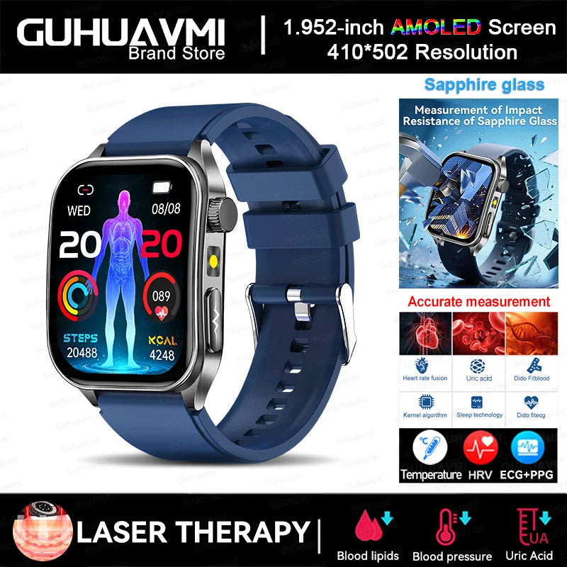 2025 Trattamento laser Tre Smartwatch alti 1.95 "Schermo curvo in zaffiro ECG + PPG Grasso nel sangue Acido urico Diagnosi salute Smartwatch