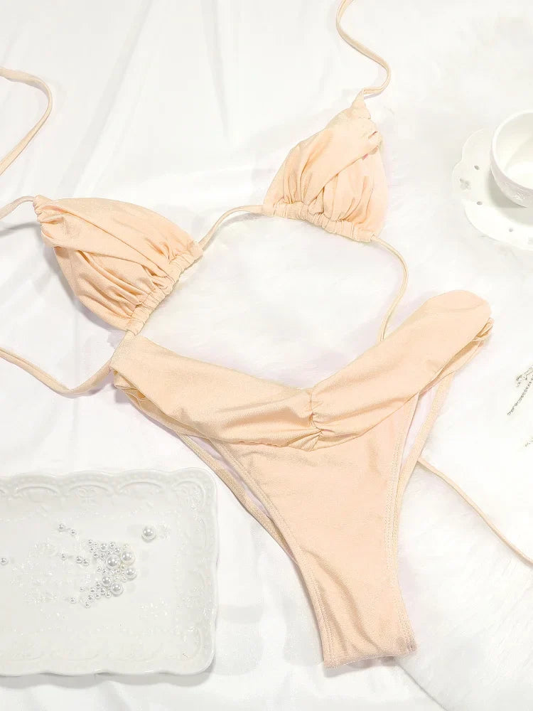 Costume da bagno bikini con pieghe sexy Micro bikini solido Costume da bagno donna Triangolo femminile Costume da bagno da spiaggia