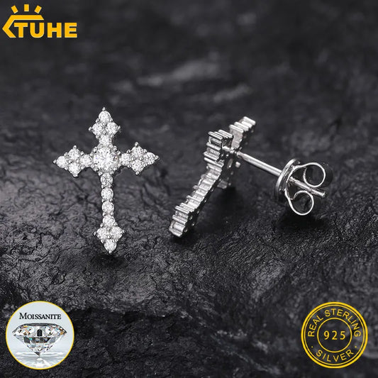 Orecchini a lobo TUHE in argento sterling 925 con moissanite, colore D, purezza VVS1, taglio rotondo, chiusura a vite, unisex