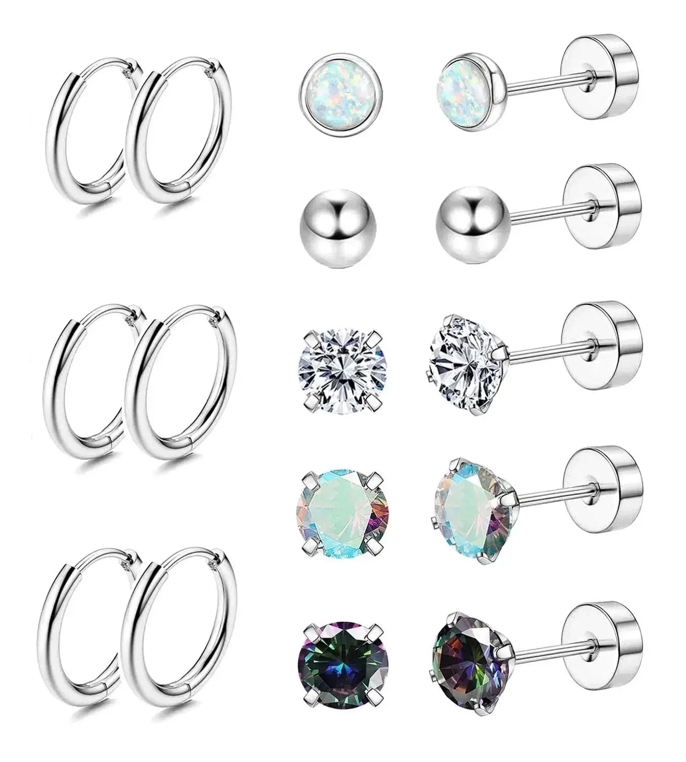 Set di 6 Paia di Orecchini per Piercing Multipli, Piccoli Orecchini a Cerchio, Orecchini a Perno con Zirconi, Opale e Perla per Donne
