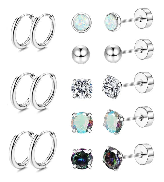 Set di 6 Paia di Orecchini per Piercing Multipli, Piccoli Orecchini a Cerchio, Orecchini a Perno con Zirconi, Opale e Perla per Donne