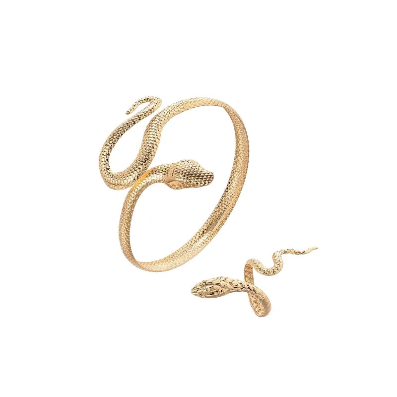 Offerta Speciale: Set di 2 Bracciali e Anelli a Forma di Serpente Punk, Bracciali Apribili a Spirale e Anelli per Dita, Gioielli per Mani Unisex