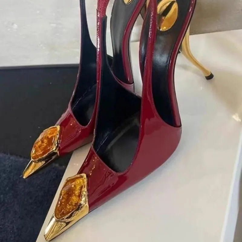 Ladies' Elegant Retro Pointed-toe Shallow Mouth Gemstone High-heeled New Metal Patent Leather One-strap Heel Sandals