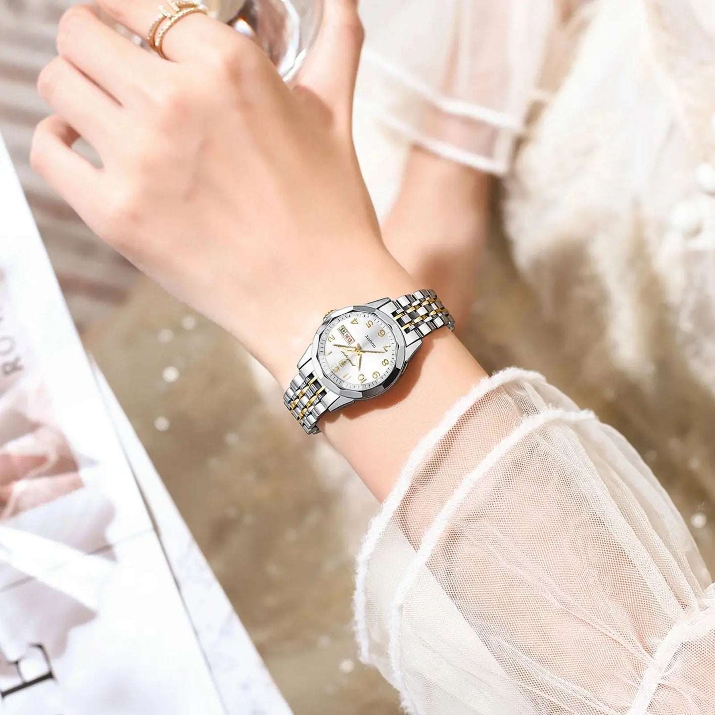 POEDAGAR elegante orologio da polso da donna al quarzo impermeabile luminoso data settimana orologio da donna orologi da donna casual in acciaio inossidabile reloj