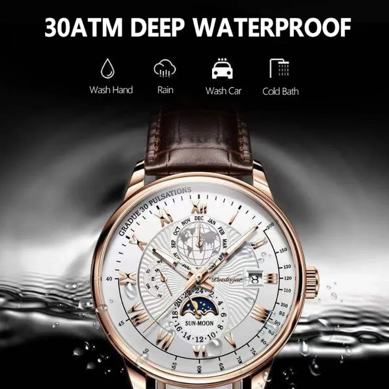 Orologio da uomo di lusso cronografo impermeabile modello fasi lunari orologio da polso da uomo luminoso in pelle orologi al quarzo da uomo orologio Casual