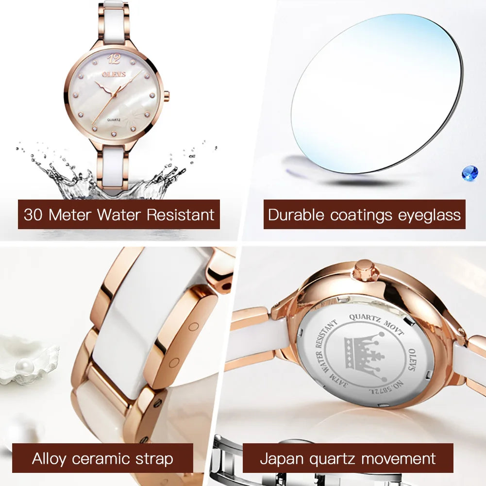 Orologio da donna OLEVS 5872, elegante orologio al quarzo con cinturino in ceramica e acciaio, impermeabile, per donna.
