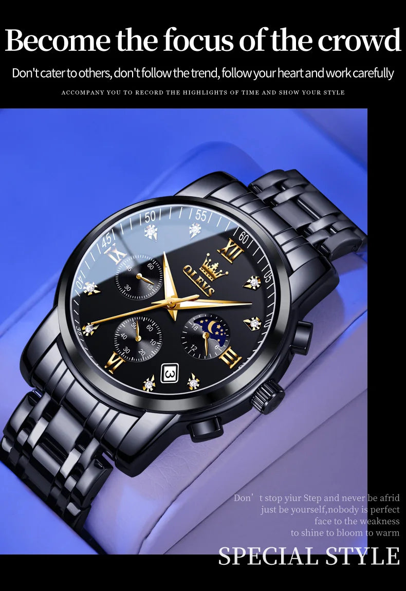 OLEVS 2858 Orologio da Uomo in Acciaio Inossidabile, Impermeabile, Antigraffio, con Fasi Lunari, Luminoso, Cronografo, Orologio da Polso al Quarzo di Lusso
