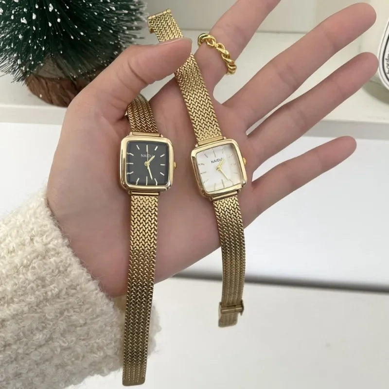 Orologio al quarzo semplice di marca per donna Orologi da donna regalo di lusso retrò Orologi da polso con cinturino in acciaio inossidabile regolabile con quadrante piccolo