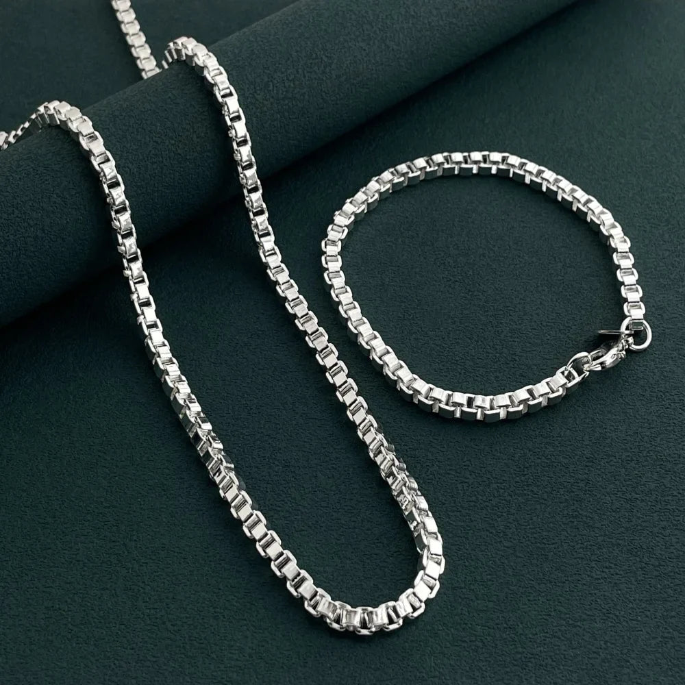 Andara Set di collana e bracciale a catena quadrata in argento sterling 925 da 4 mm per gioielli da festa per uomini e donne