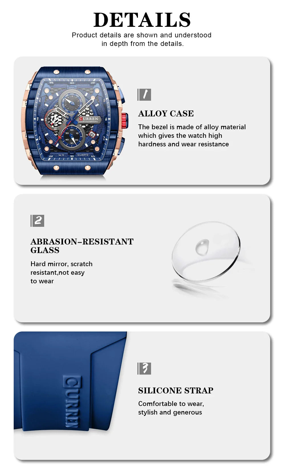 CURREN Orologio da uomo alla moda, marchio unico, design quadrato, lusso, nastro sportivo al quarzo, orologi da uomo impermeabili