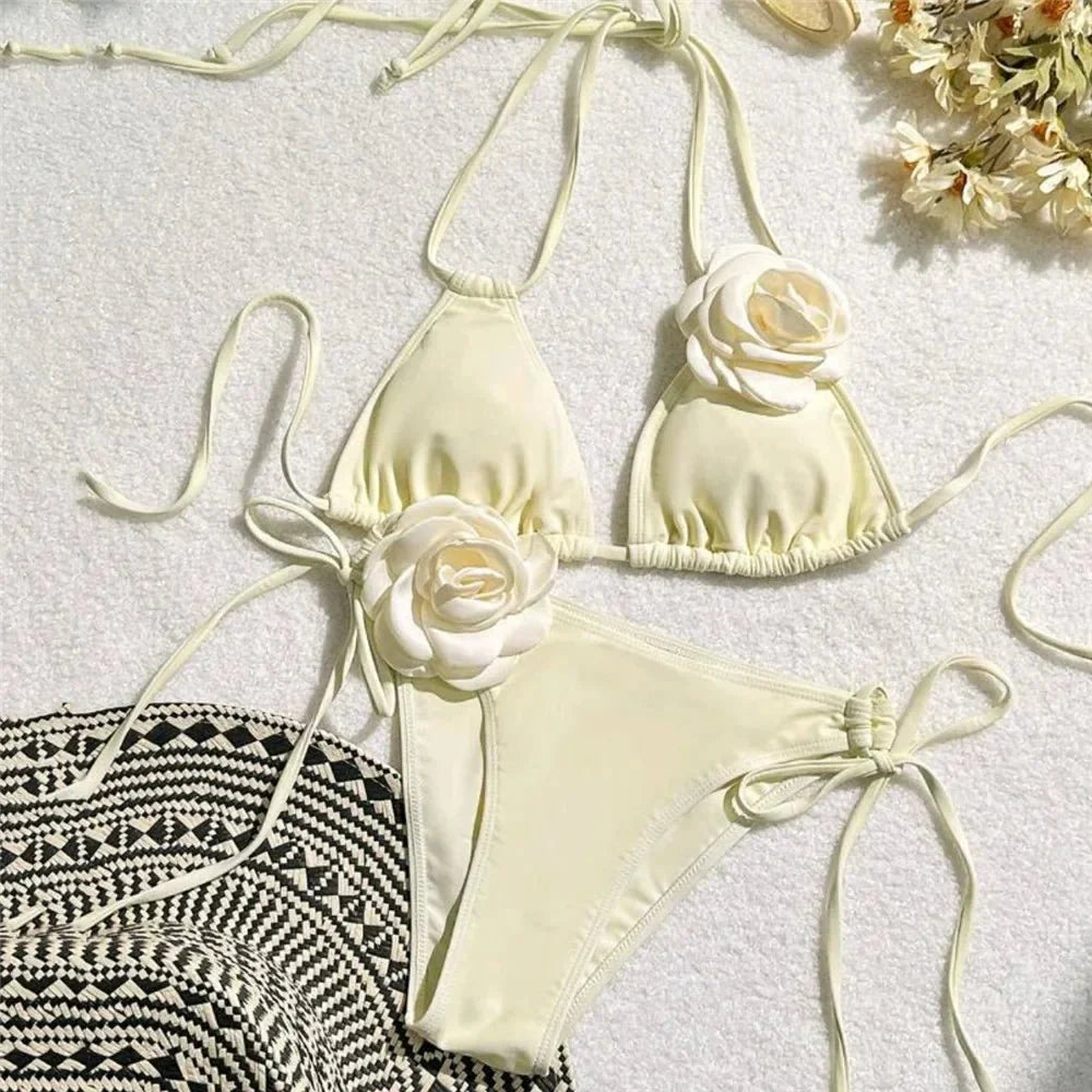 Costume da Bagno Sexy con Fiori e Fascia, Bikini a Perizoma 2025, Costumi da Bagno Donna con Lacci, Set Bikini Brasiliano, Biquini Mujer