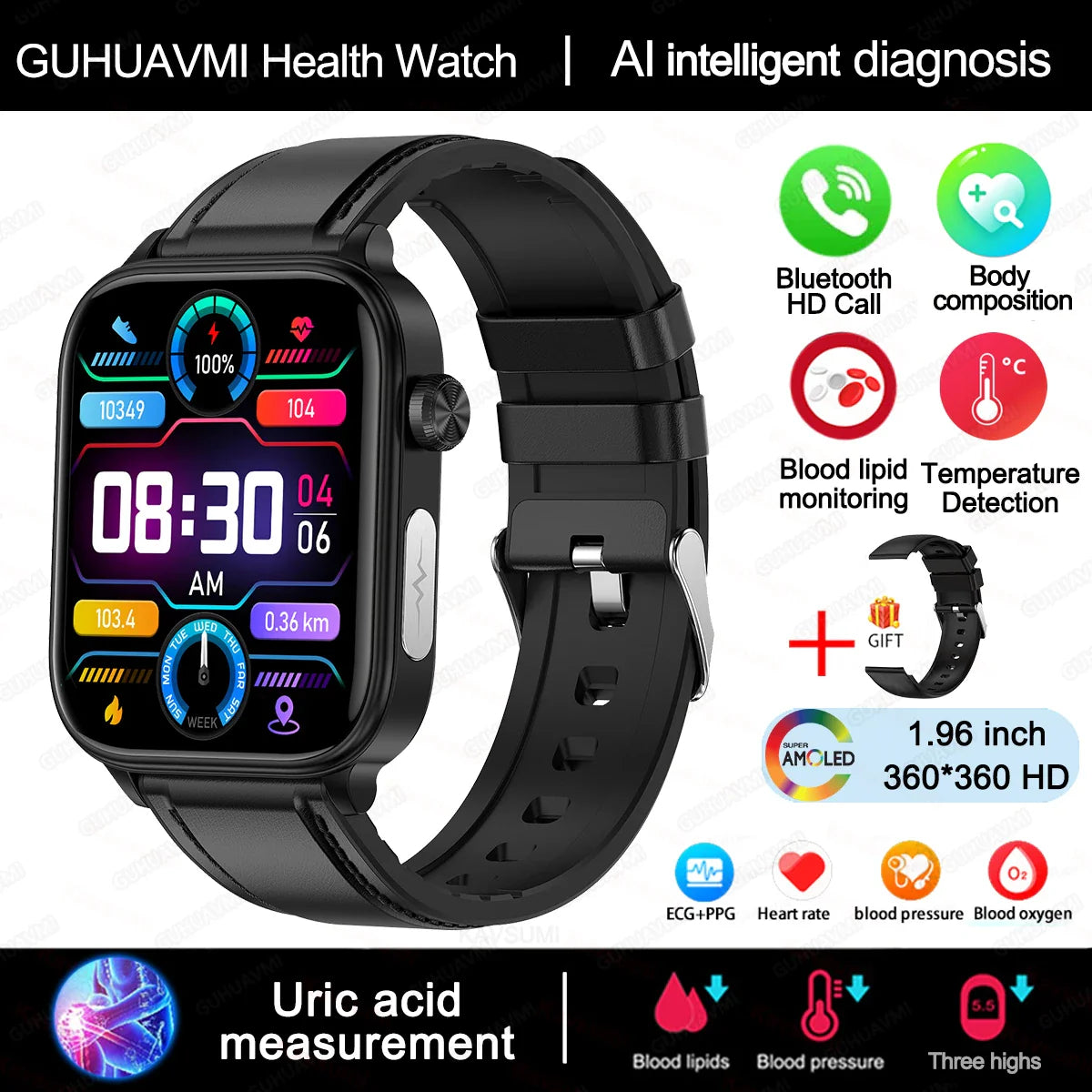 2025 Nuovo AI Diagnosi Lipidi nel sangue Acido urico Test di composizione corporea Smart Watch per uomo ECG + PPG Chiamata Bluetooth Salute Smartwatch