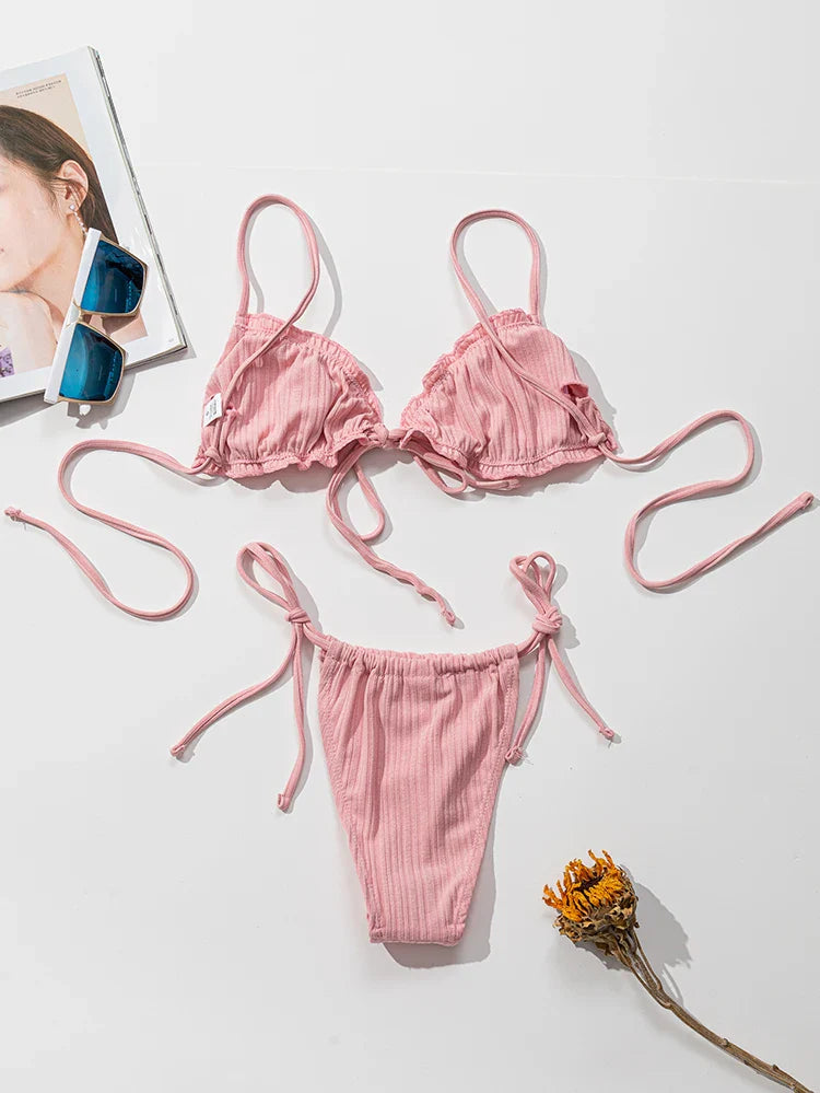 Nuovo 2025 Costume da bagno sexy Pit stripe Bikini Donna Costumi da bagno Costumi da bagno Push Up Biquinis Fasciatura Beachwear Set bikini solido