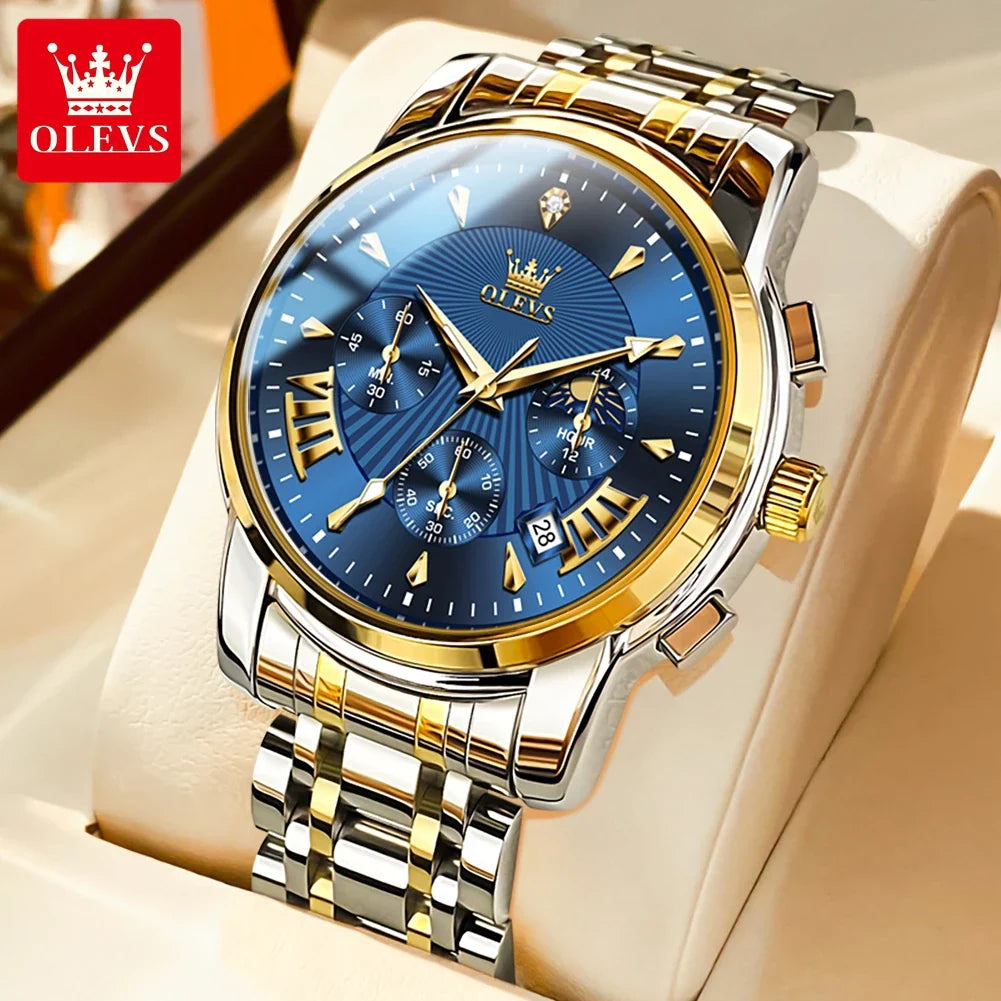 OLEVS Orologi al quarzo da uomo Orologi di marca in acciaio inossidabile Orologio sportivo impermeabile per uomo Cronografo con fasi lunari