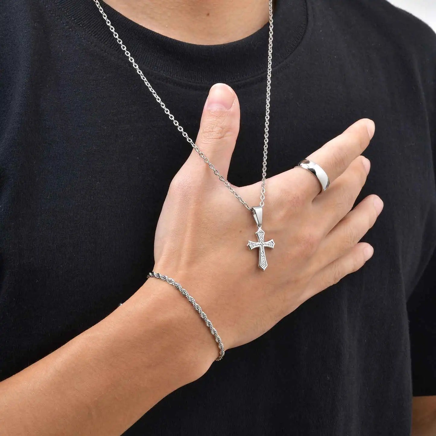 Set di Gioielli Hip Hop da Uomo 3 Pezzi, Ciondolo a Croce in Acciaio Inossidabile, Bracciale con Catena a Corda Intrecciata, Set di Gioielli Regalo per Papà, Figlio, Marito