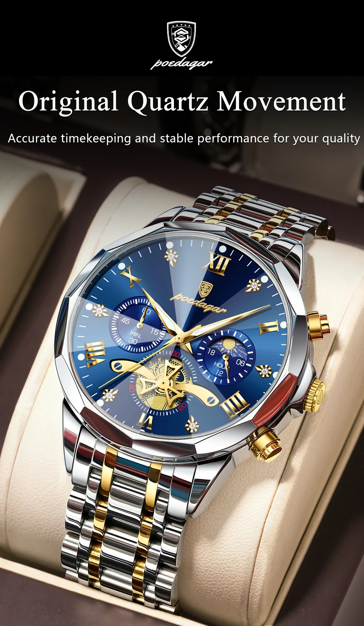 POEDAGAR Orologio da uomo di lusso Top originale impermeabile cronografo luminoso orologio da polso da uomo al quarzo in acciaio inossidabile orologi da uomo Reloj