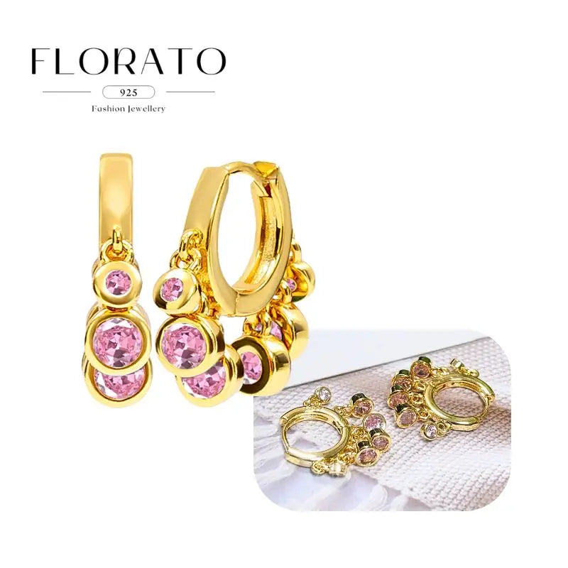 Lussuosa geometria 925 orecchio in argento sterling Ago rosa serie zircone orecchini a cerchio pendenti dolce moda regali di gioielli da sposa
