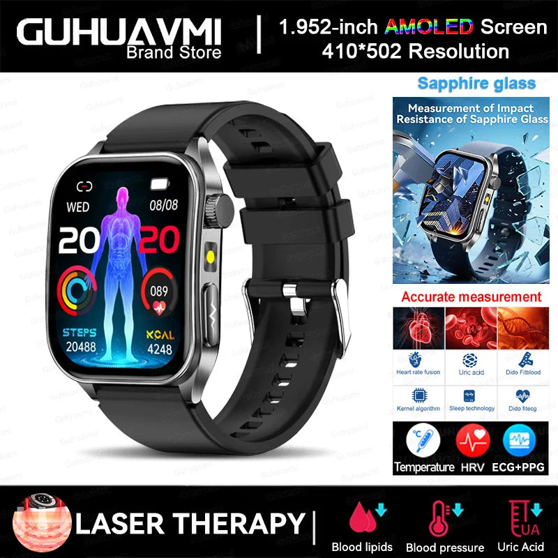 2025 Trattamento laser Tre Smartwatch alti 1.95 "Schermo curvo in zaffiro ECG + PPG Grasso nel sangue Acido urico Diagnosi salute Smartwatch