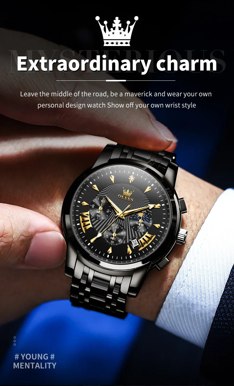 OLEVS Orologi al quarzo da uomo Orologi di marca in acciaio inossidabile Orologio sportivo impermeabile per uomo Cronografo con fasi lunari