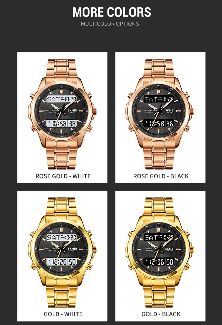 Skmei orologio da polso analogico al quarzo da uomo cinturino in acciaio inossidabile di lusso Led impermeabile digitale sportivo sveglia a tre fusi orari