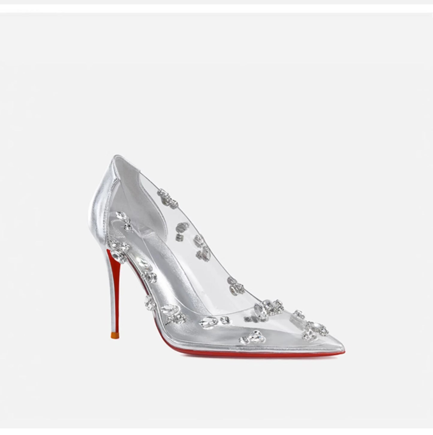 Red sole transparent pointed head sexy female stiletto high heels wedding shoes silver rhinestone crystal fairy style new 2024