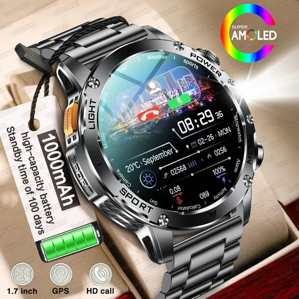 2025 Uomini Schermo AMOLED da 1,7 pollici Astuto Della Vigilanza 1000mAh Batteria Frequenza Cardiaca Chiamata Bluetooth NFC GPS Tracker Sport Fitness Orologi Nuovo