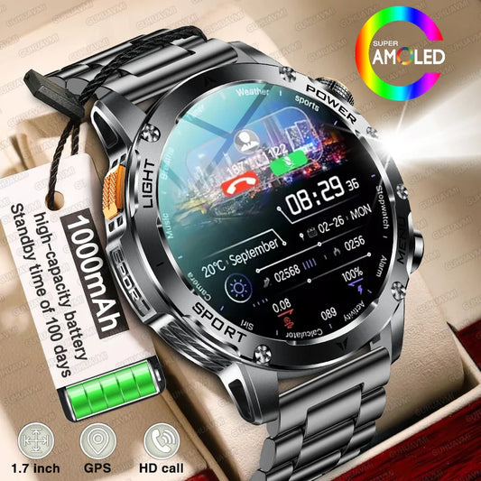 2025 Uomini Schermo AMOLED da 1,7 pollici Astuto Della Vigilanza 1000mAh Batteria Frequenza Cardiaca Chiamata Bluetooth NFC GPS Tracker Sport Fitness Orologi Nuovo
