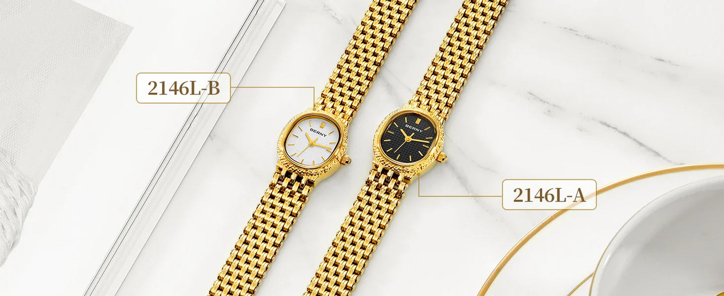 BERNY Orologio al quarzo da donna Cinturino in acciaio inossidabile dorato Orologio da polso ellittico di lusso Orologio da donna semplice retrò impermeabile