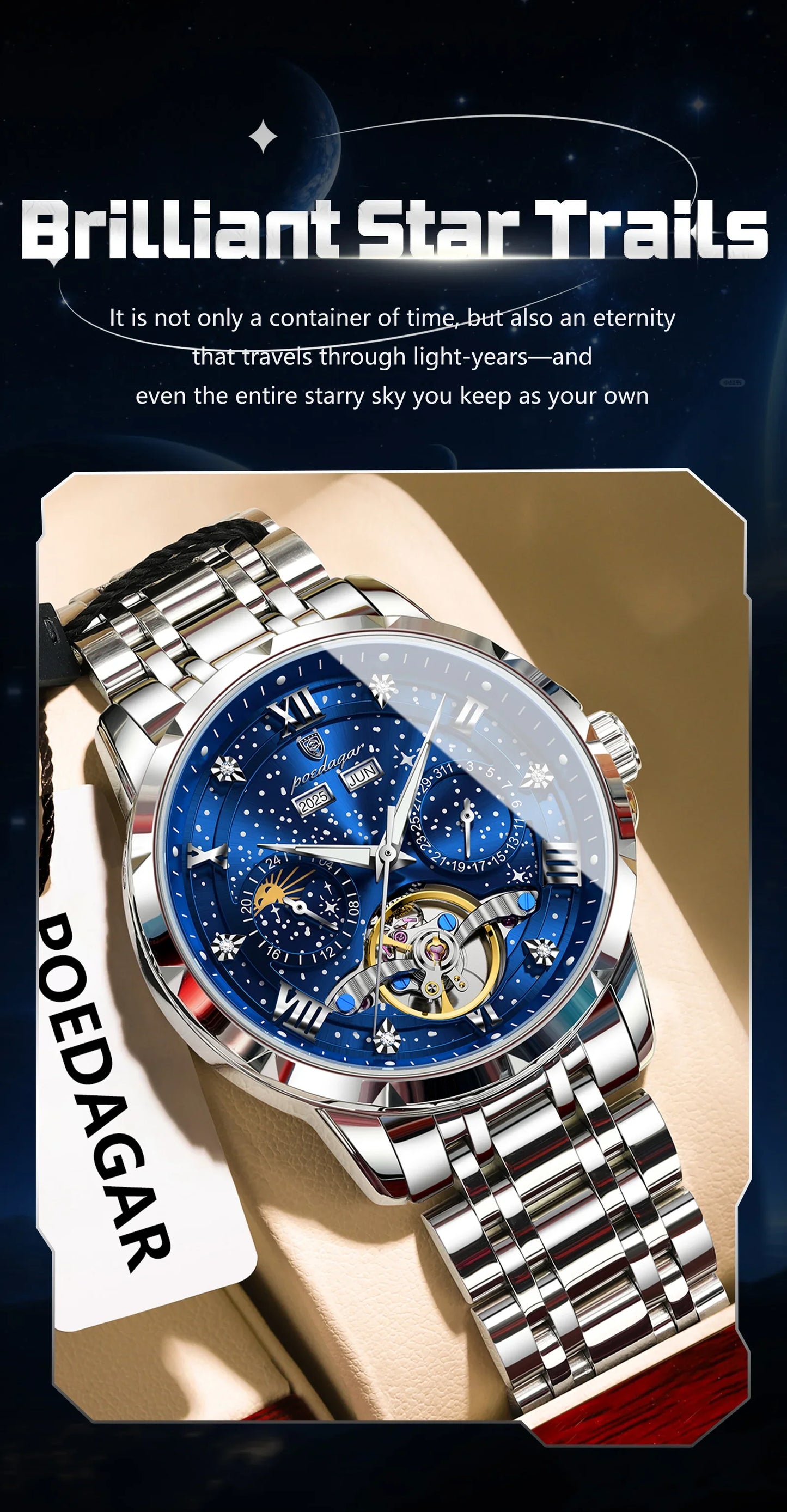 POEDAGAR Top Orologio da uomo originale Orologio meccanico automatico da uomo in acciaio inossidabile Calendario Hollow Tourbillon Orologio da uomo Maschio + scatola