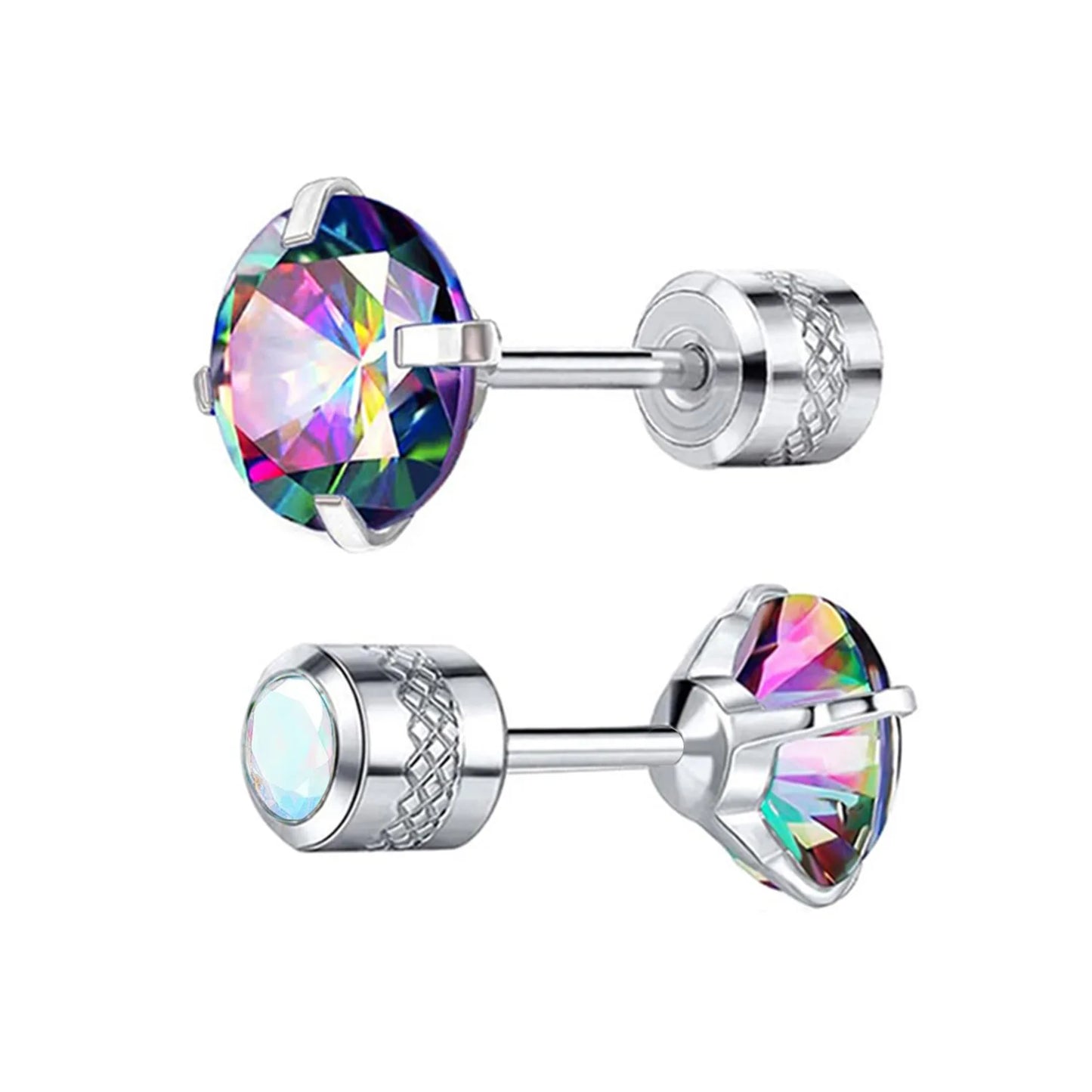 1 paio di orecchini a bottone con zirconi cubici in titanio puro con retro piatto 5A, adatti per donne e uomini, regalo di gioielli per orecchie sensibili