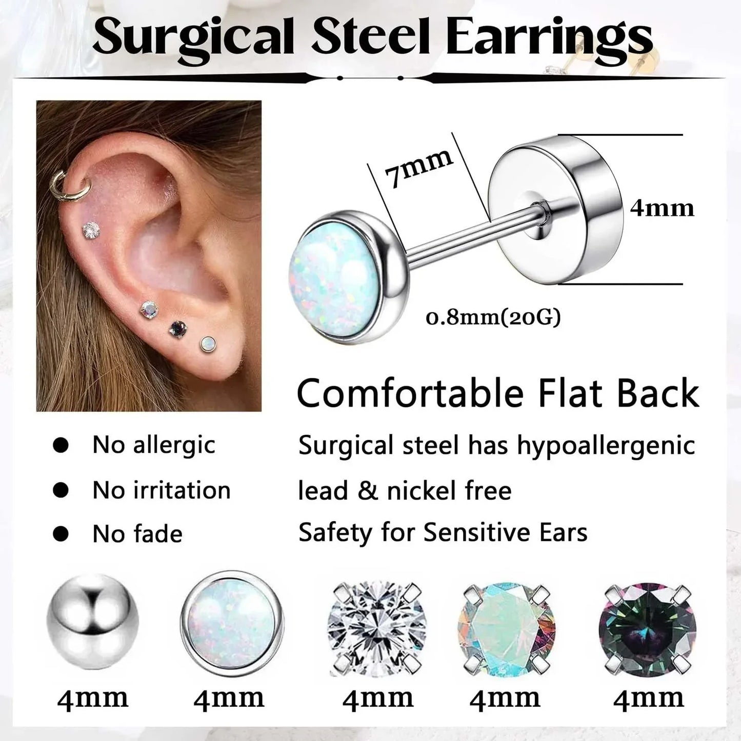 Set di 6 Paia di Orecchini per Piercing Multipli, Piccoli Orecchini a Cerchio, Orecchini a Perno con Zirconi, Opale e Perla per Donne