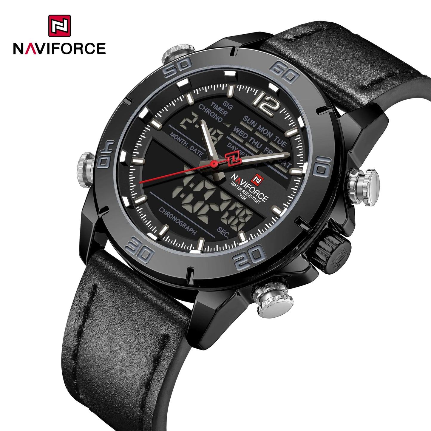 NAVIFORCE Orologio alla moda da uomo con cinturino in vera pelle Movimento al quarzo resistente all'acqua 30M Display luminoso con giorno e data F