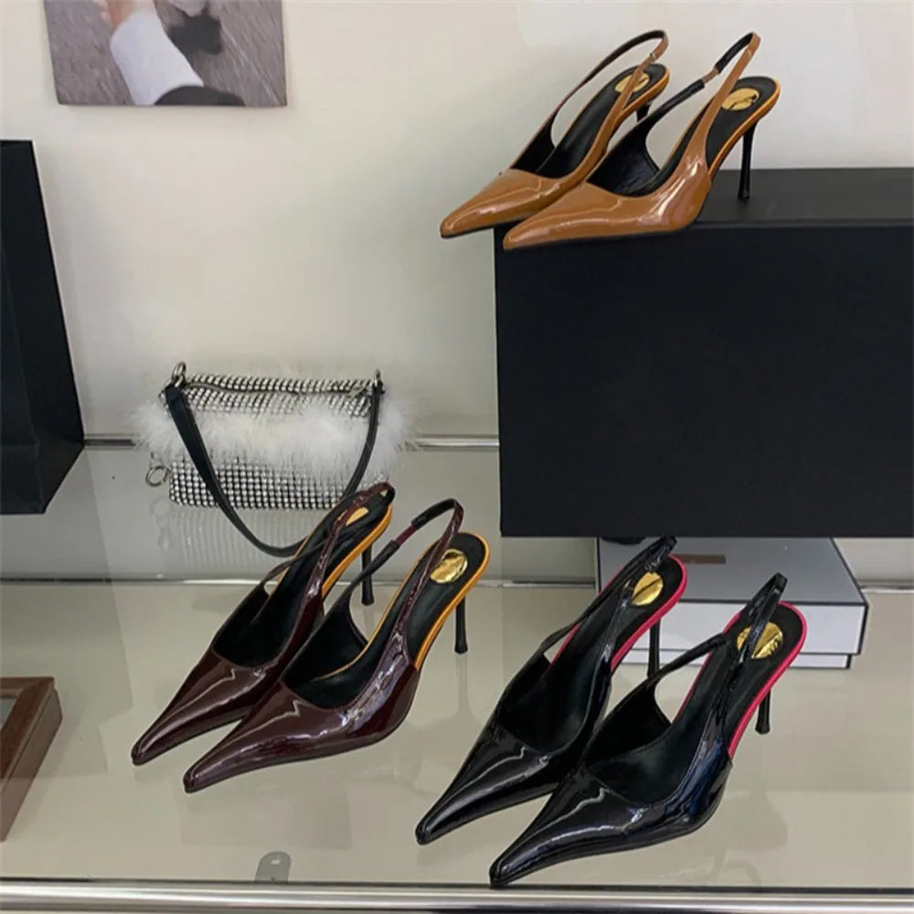 Eilyken Spring Fashion Sexy Thin Heels Pointed Toe Pumps Women Mule Shoes Elegant Patent Leather Banquet Striptease Sandals