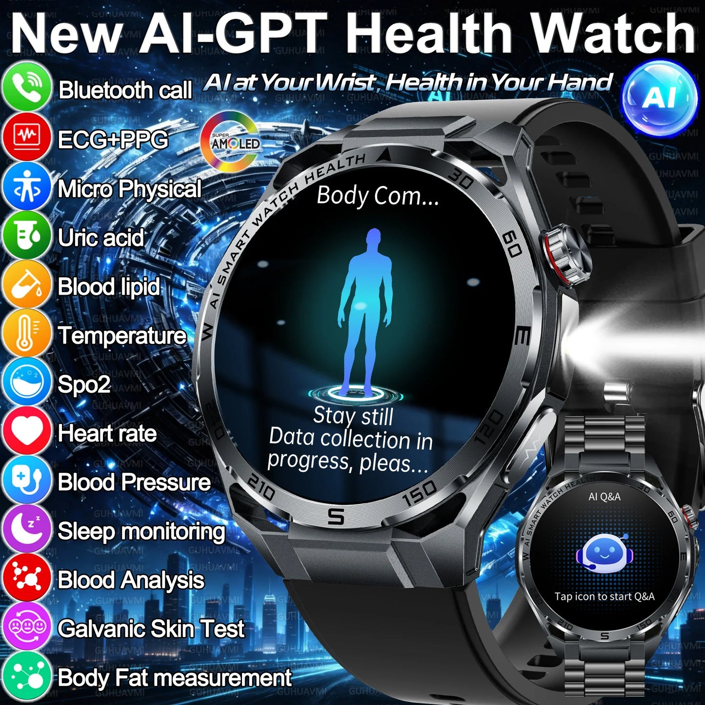 Nuovo Smartwatch 2026 con Analisi AI del Grasso Corporeo, ECG+PPG, Acido Urico, Pressione Sanguigna, Ossigeno nel Sangue, Chiamate, Schermo AMOLED per Uomini e Donne