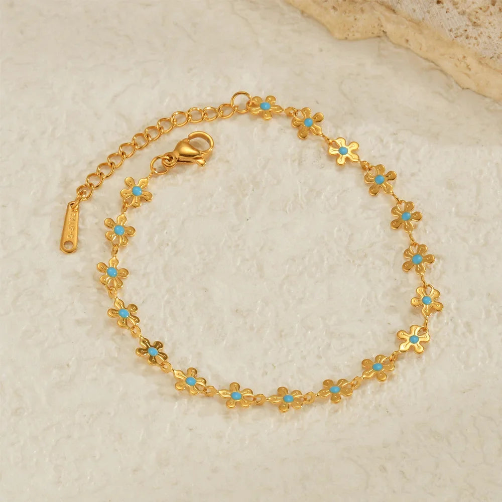 Sifisrri Set di gioielli con bracciale a catena con fiore blu olio vintage per donna, ragazza, regalo di San Valentino alla moda in acciaio inossidabile