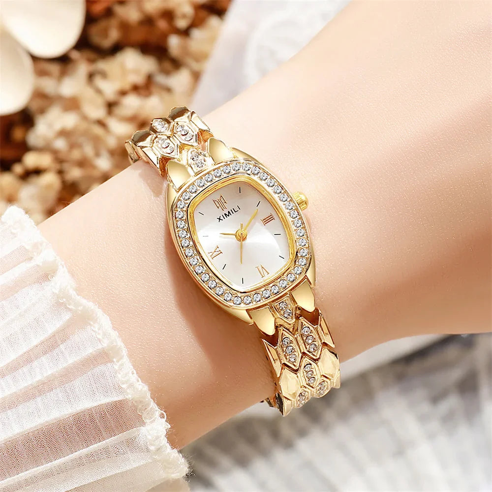 Orologio al quarzo moda donna placcato oro di lusso Semplice cinturino con fibbia di qualità per orologio da lavoro in acciaio inossidabile a forma di botte di Roma
