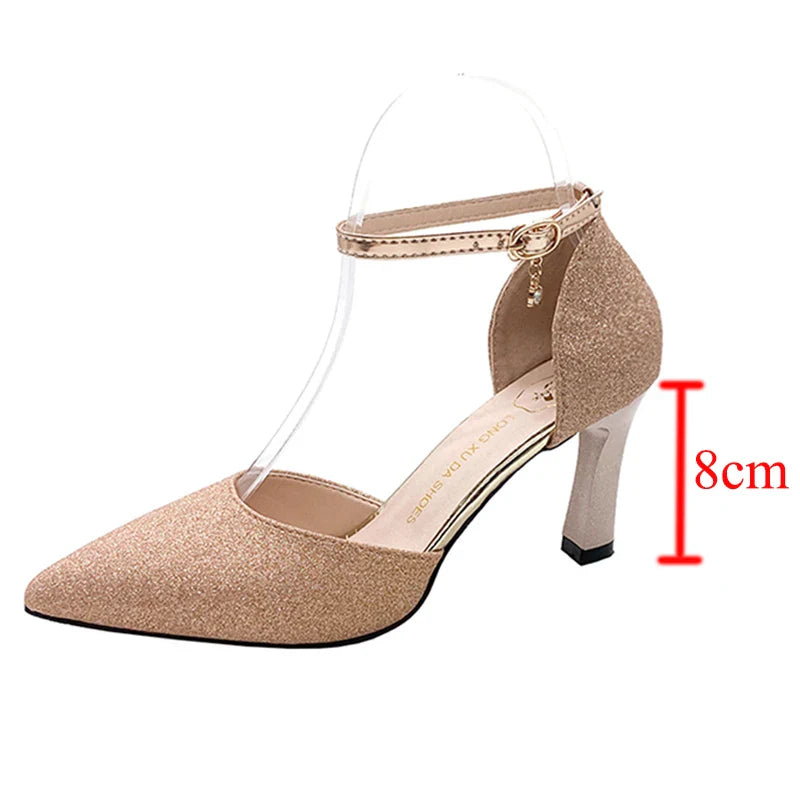 Bling Gold Silver Women Pumps 2023 Sexy Point Toe Thin Heel Party Wedding Shoes Womens Summer Ankle Strap 8cm High Heels Shoes