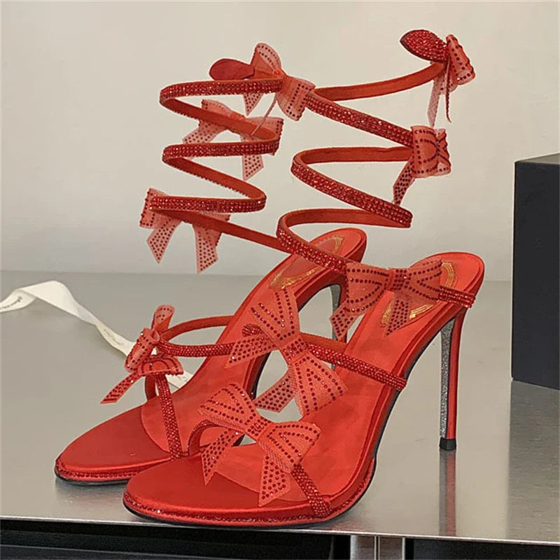 Aneikeh Elegant Pink Wedding Shoes CRYSTAL Bow High Heels Sandals Woman Summer Ankle Strap Thin High Heels Open Toed Party Shoes