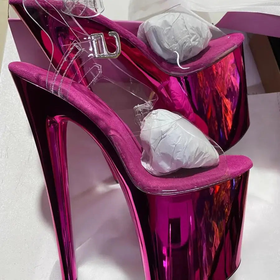 Glossy electroplated Cross dressing 8 inches high heel Stripper 20cm sandals  Clear Exotic Sexy platform pole Dance Sexy womens