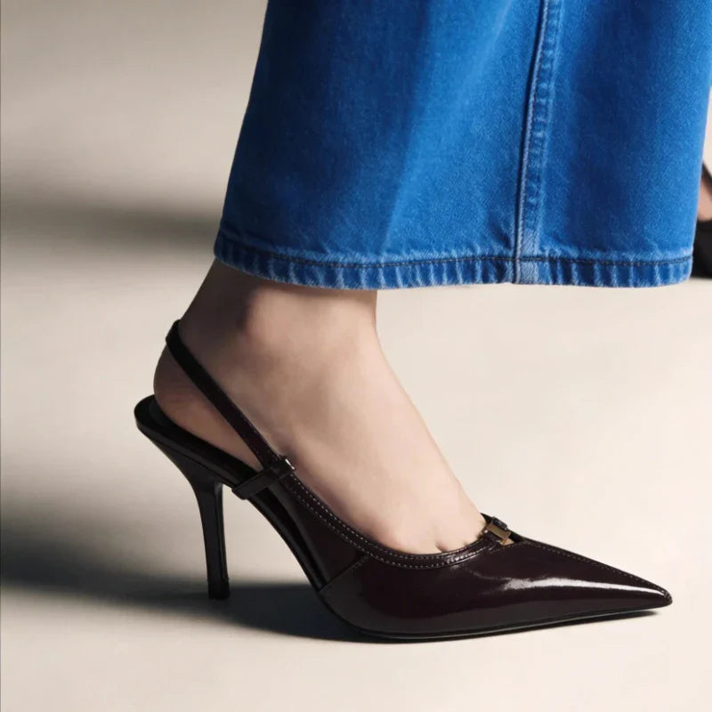 2026 Fashion Metal Decoration Stiletto Pumps Women Luxury Patent Leather Pointed Toe High Heels Sexy Slingback Designer Shoes